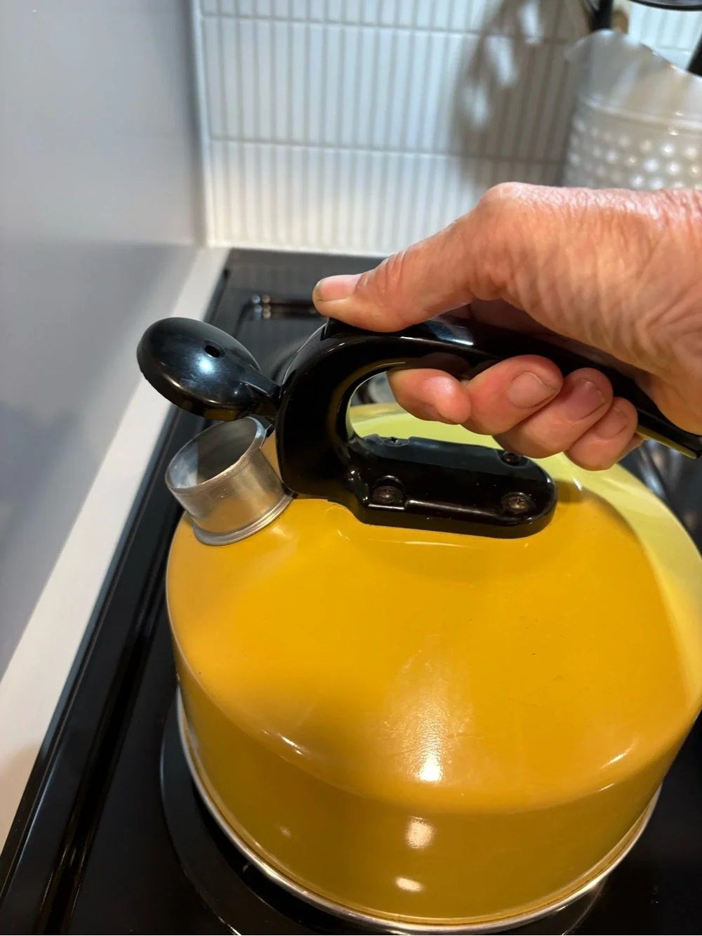 Vintage /Retro Mustard Color Whistling Tea Kettle with Black Handle